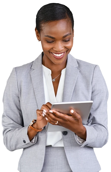 a smiling lady holding a tablet computer