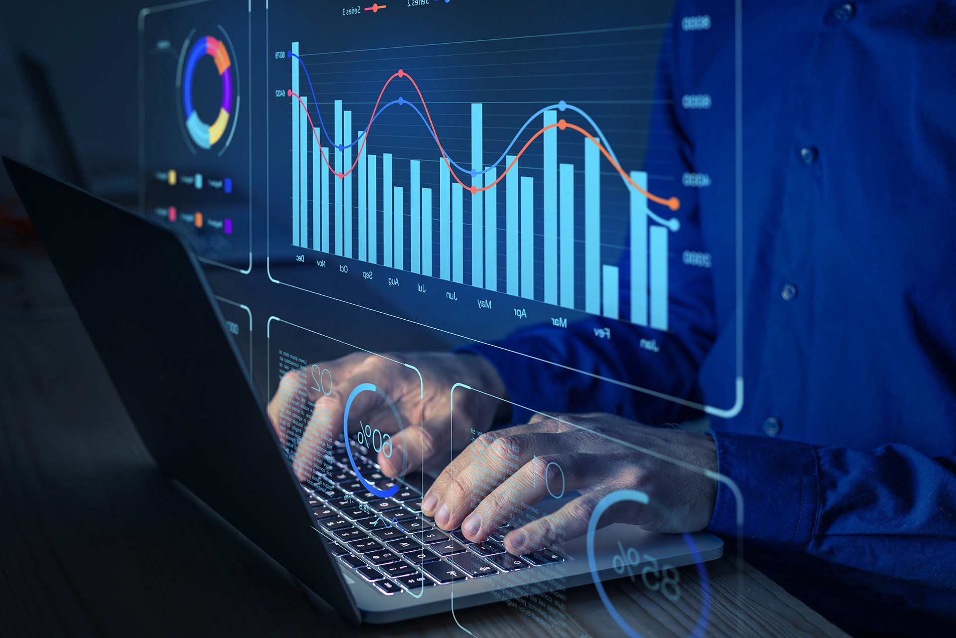 
                Visualisations of statistics superimposed over an image of a person using a laptop
              