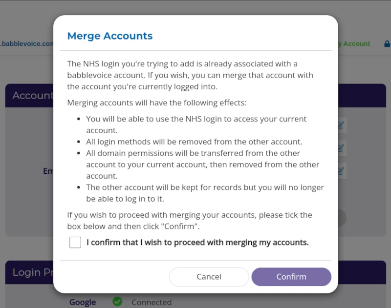 a screenshot of the account merge modal