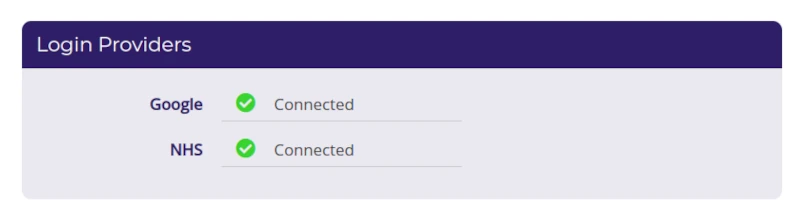 a screenshot of the login providers panel showing both Google and NHS connected