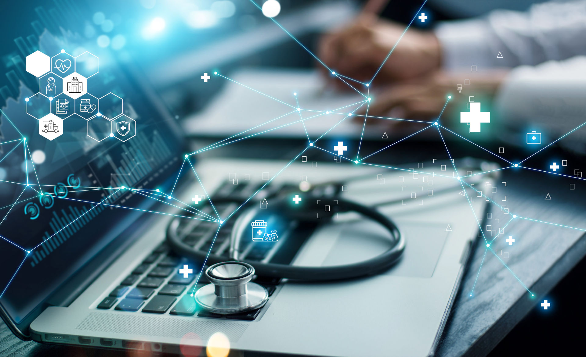 
                a person working at a desk with a stethoscope and laptop, superimposed with abstract graphics representing healthcare technology
              