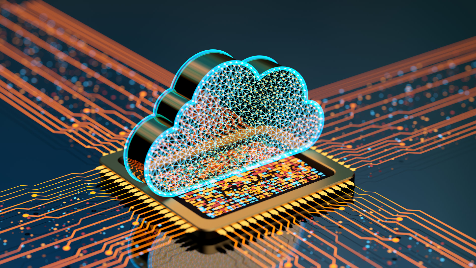 
                A representation of a computer chip with illuminated connections spreading out from it in all directions and a network of lit nodes above it in the shape of a cloud
              