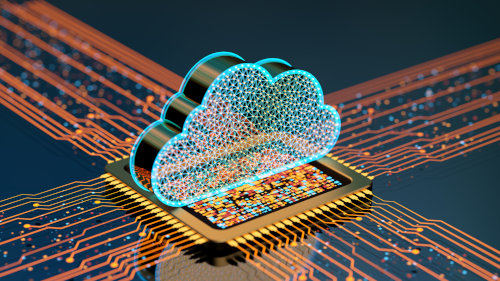 
                      A representation of a computer chip with illuminated connections spreading out from it in all directions and a network of lit nodes above it in the shape of a cloud
                    